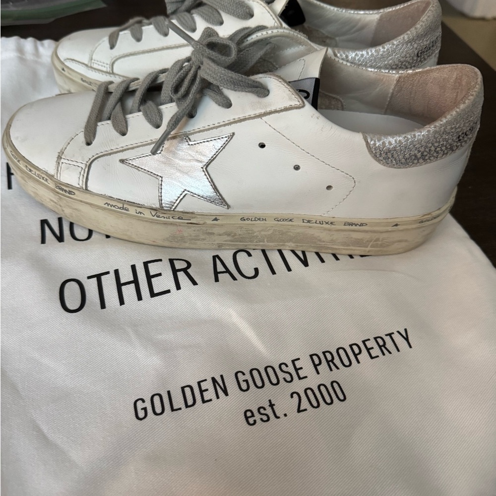 Golden Goose White and Silver Sneakers
